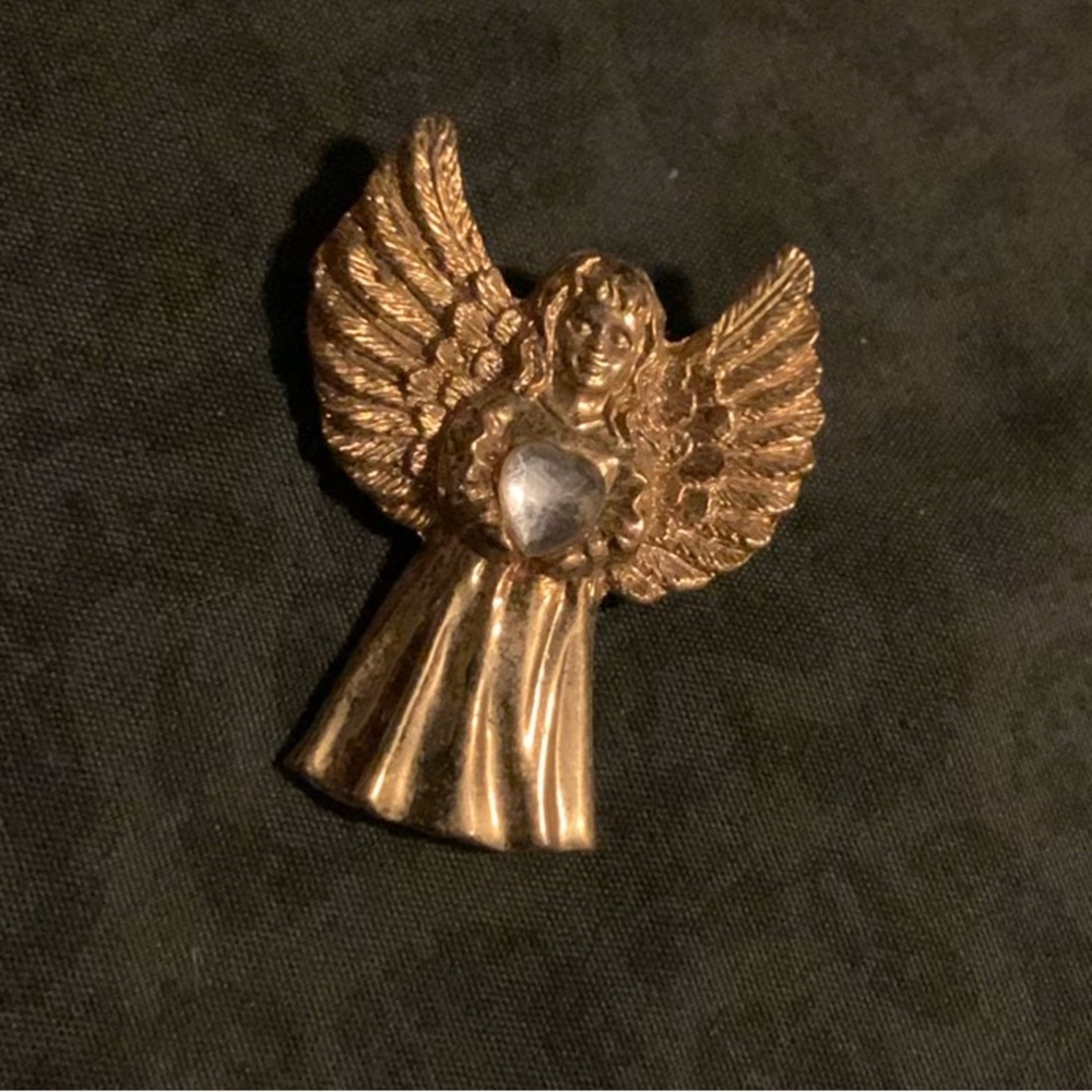 Gold Angel Brooch with Silver Heart